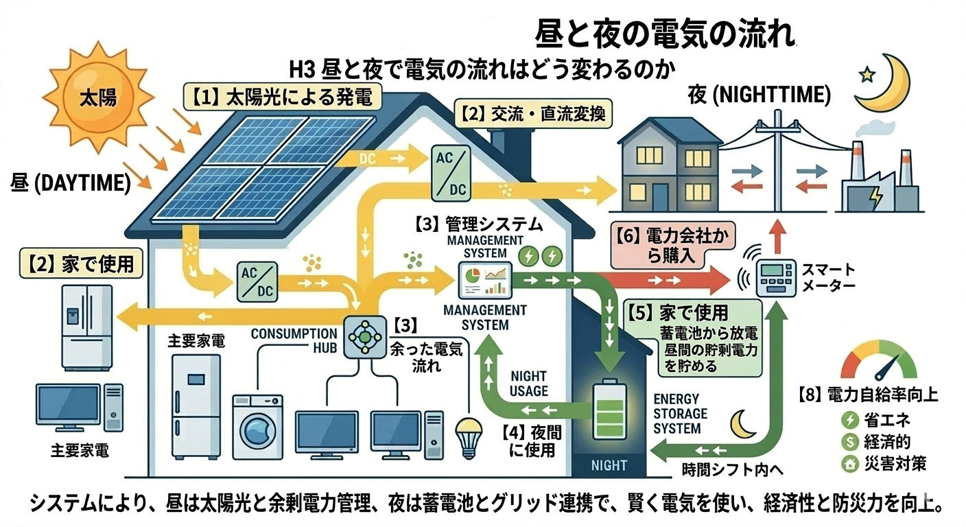 昼と夜の電気の流れ